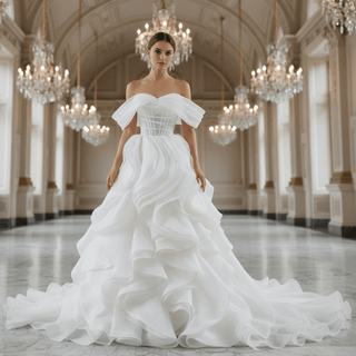 Off the Shoulder Layered Ruffle Wedding Dress with Sheer Bodice - Rosymae