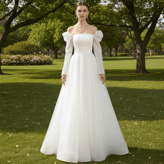 Off-The-Shoulder Long Lantern Sleeve Tulle Wedding Dress - Rosymae