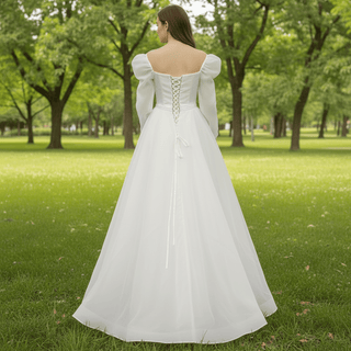 Off-The-Shoulder Long Lantern Sleeve Tulle Wedding Dress - Rosymae