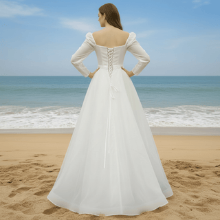 Off-The-Shoulder Long Lantern Sleeve Tulle Wedding Dress - Rosymae