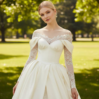 Off the Shoulder Long Sleeve A-line Satin Lace Wedding Dresses - Rosymae