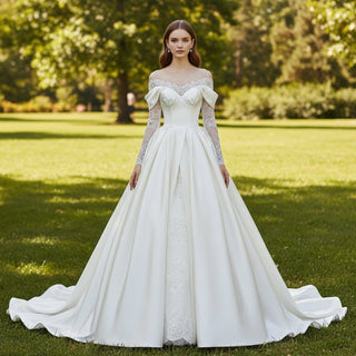 Off the Shoulder Long Sleeve A-line Satin Lace Wedding Dresses - Rosymae