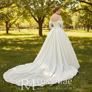 Off the Shoulder Long Sleeve A-line Satin Lace Wedding Dresses - Rosymae