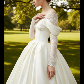 Off the Shoulder Long Sleeve A-line Satin Lace Wedding Dresses - Rosymae