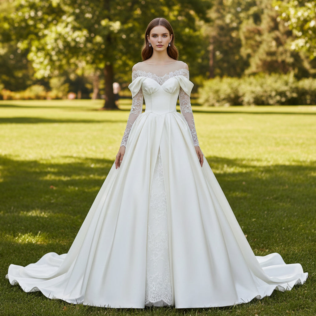 Off the Shoulder Long Sleeve A-line Satin Lace Wedding Dresses Rosymae Off the Shoulder Long Sleeve A-line Satin Lace Wedding Dresses Rosymae