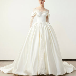 Off the Shoulder Long Sleeve A-line Satin Lace Wedding Dresses