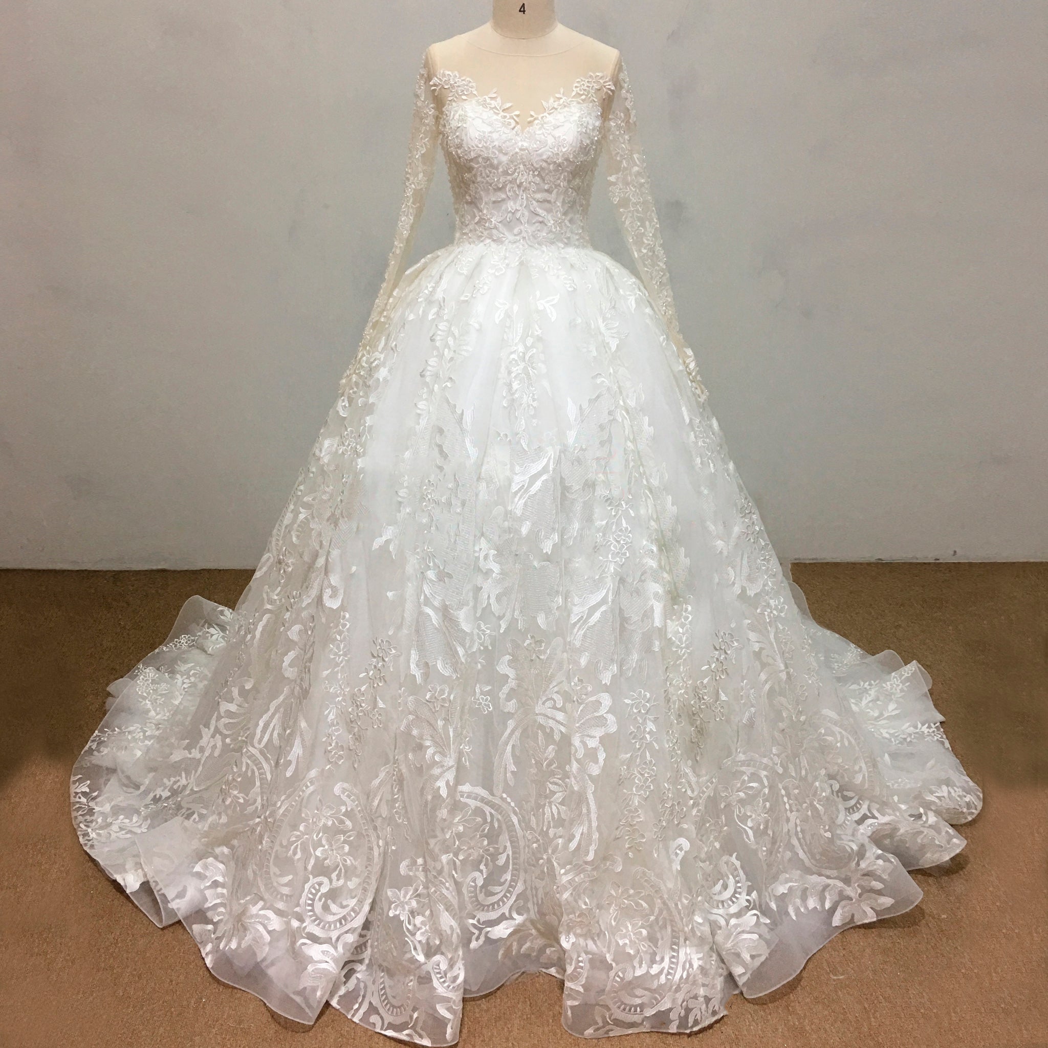 Classic Long Sleeve Ball Gown Lace Overlay Wedding Dress Ivory / 22w Classic Long Sleeve Ball Gown Lace Overlay Wedding Dress Ivory / 22w