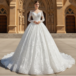 Classic Long Sleeve Ball Gown Lace Overlay Wedding Dress