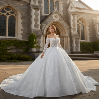 Luxury Off the Shoulder Long Sleeve Ball Gown Wedding Dress