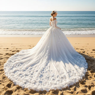 Off the Shoulder Long Sleeve Ball Gown Wedding Dress - Rosymae