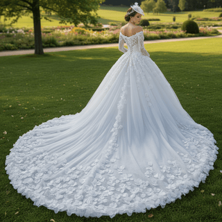 Off the Shoulder Long Sleeve Ball Gown Wedding Dress - Rosymae