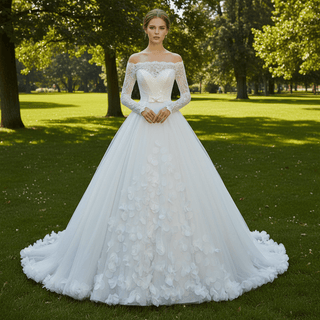 Off the Shoulder Long Sleeve Ball Gown Wedding Dress - Rosymae