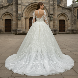 Classic Long Sleeve Ball Gown Lace Overlay Wedding Dress