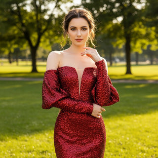 Off the Shoulder Long Sleeve Burgundy Sparkly Evening Dress - Rosymae