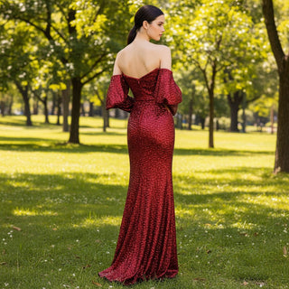 Off the Shoulder Long Sleeve Burgundy Sparkly Evening Dress - Rosymae