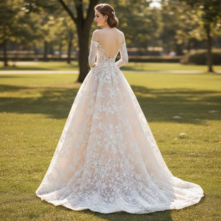 Off the Shoulder Long Sleeve Lace Champagne Wedding Dress with Sleeves Ivory / 30W
