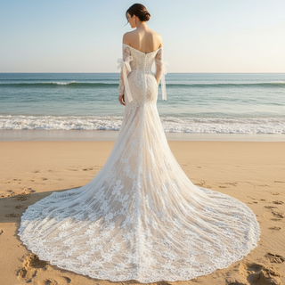 Bohemian Lace Mermaid Wedding Dress with Off-Shoulder