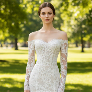 Off the Shoulder Long Sleeve Lace Overlay Wedding Dress - Rosymae