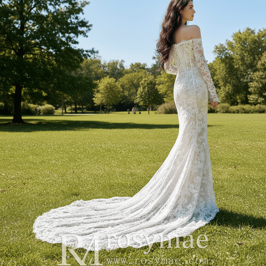 Off the Shoulder Long Sleeve Lace Overlay Wedding Dress - Rosymae