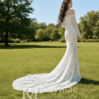Off the Shoulder Long Sleeve Lace Overlay Wedding Dress - Rosymae