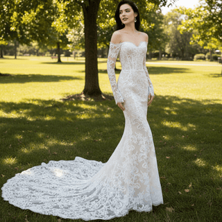 Off the Shoulder Long Sleeve Lace Overlay Wedding Dress - Rosymae