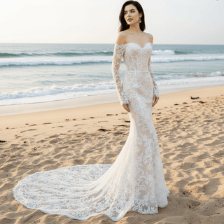 Off the Shoulder Long Sleeve Lace Overlay Wedding Dress - Rosymae