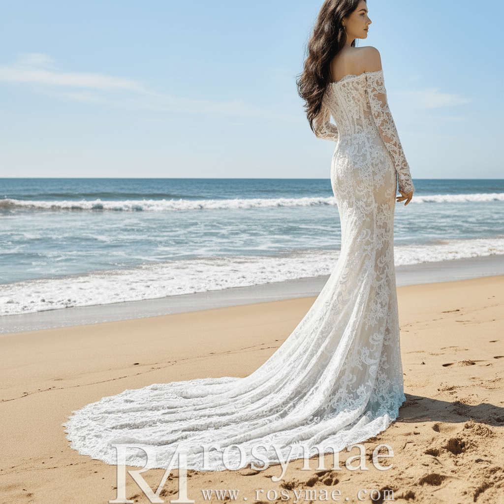 Off the Shoulder Long Sleeve Lace Overlay Wedding Dress - Rosymae