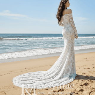 Off the Shoulder Long Sleeve Lace Overlay Wedding Dress - Rosymae