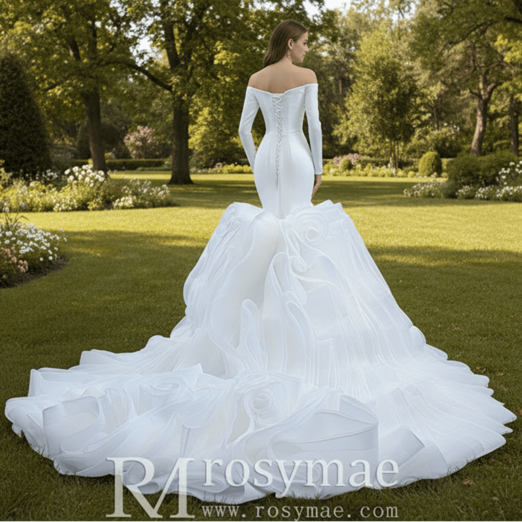 Off the Shoulder Long Sleeve Mermaid Wedding Dress with Ruffled Skirt - Rosymae