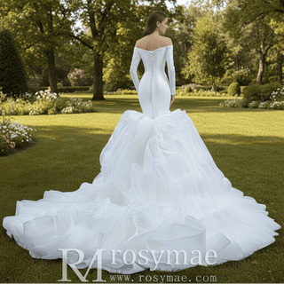 Off the Shoulder Long Sleeve Mermaid Wedding Dress with Ruffled Skirt - Rosymae