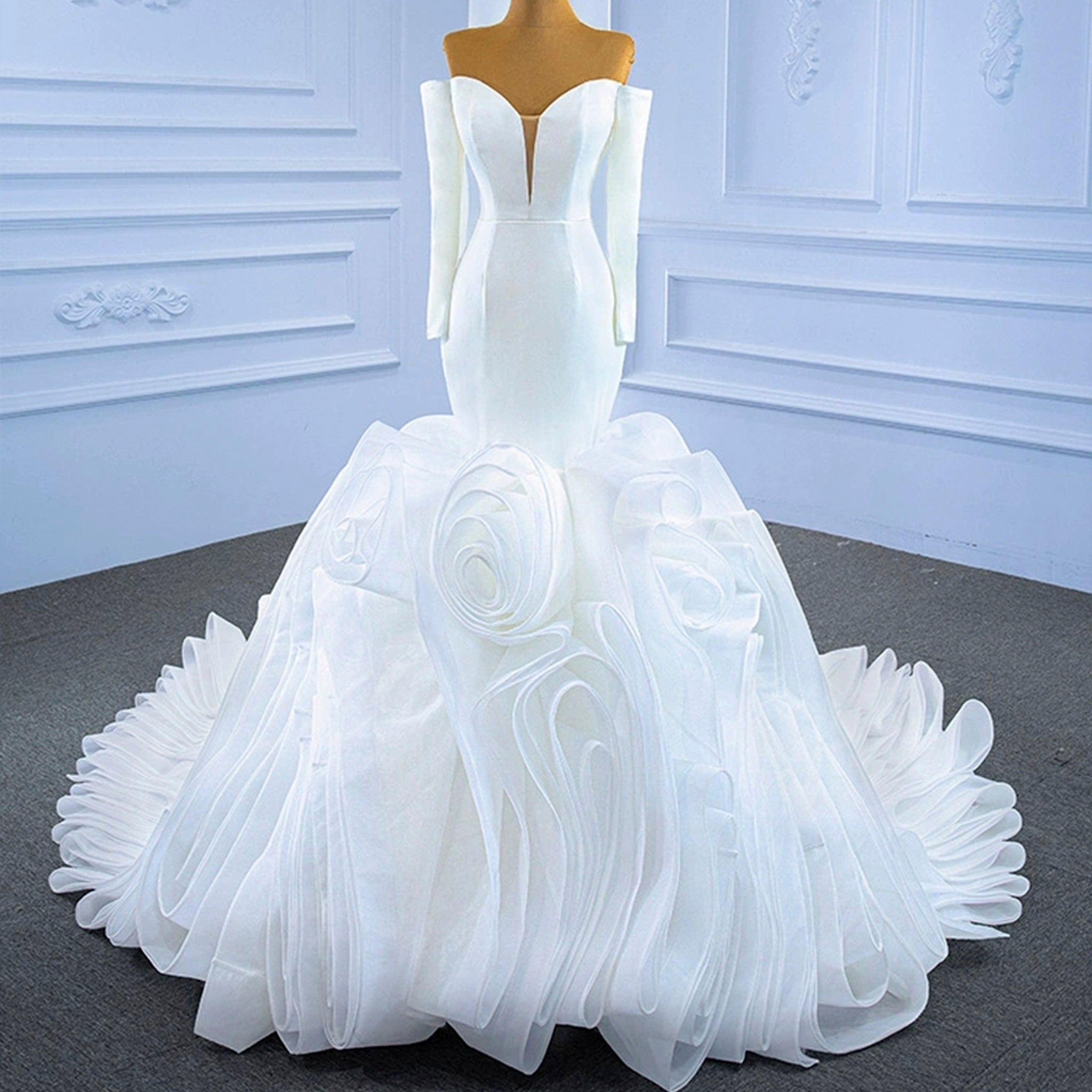 Off the Shoulder Long Sleeve Mermaid Wedding Dress with Ruffled Skirt - Rosymae