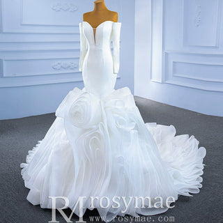 Off the Shoulder Long Sleeve Mermaid Wedding Dress with Ruffled Skirt - Rosymae