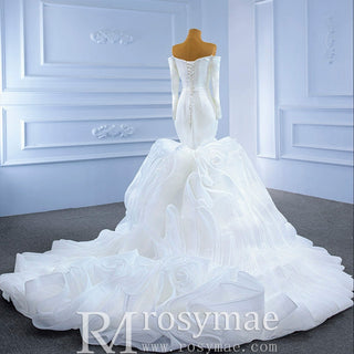 Off the Shoulder Long Sleeve Mermaid Wedding Dress with Ruffled Skirt - Rosymae