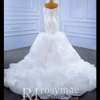 Off the Shoulder Long Sleeve Mermaid Wedding Dress with Ruffled Skirt - Rosymae