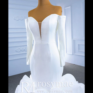 Off the Shoulder Long Sleeve Mermaid Wedding Dress with Ruffled Skirt - Rosymae