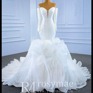 Off the Shoulder Long Sleeve Mermaid Wedding Dress with Ruffled Skirt - Rosymae