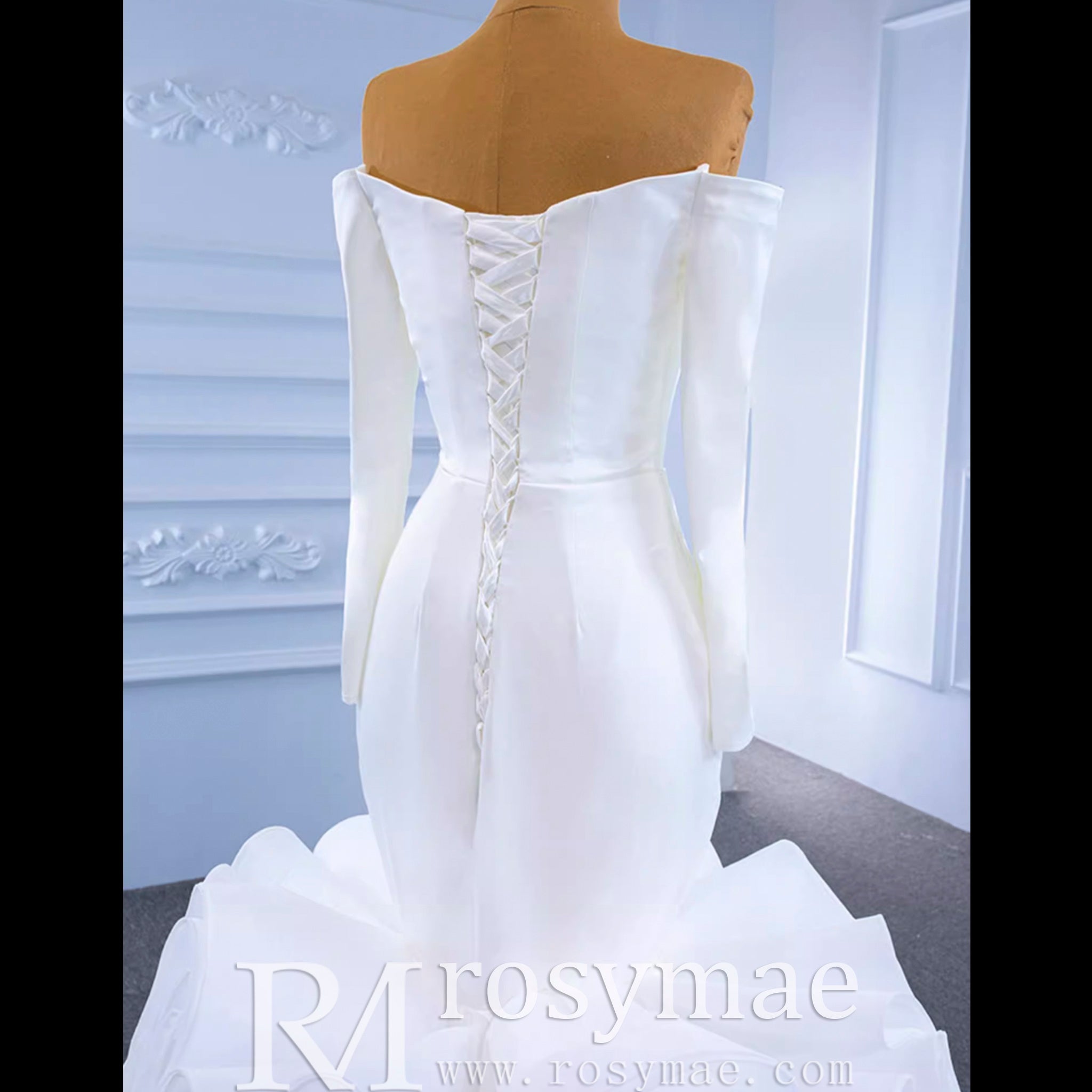 Off the Shoulder Long Sleeve Mermaid Wedding Dress with Ruffled Skirt - Rosymae