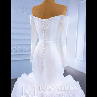 Off the Shoulder Long Sleeve Mermaid Wedding Dress with Ruffled Skirt - Rosymae