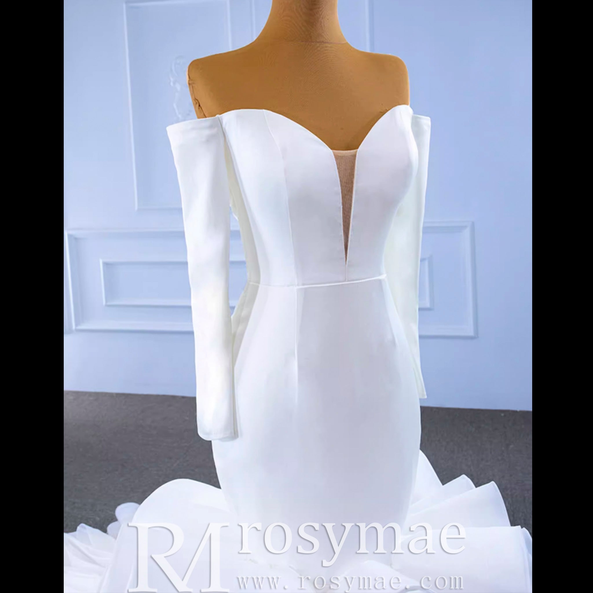 Off the Shoulder Long Sleeve Mermaid Wedding Dress with Ruffled Skirt - Rosymae