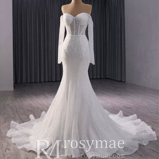 Off the Shoulder Long Sleeve Mermaid Wedding Dress - Rosymae