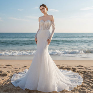 Off the Shoulder Long Sleeve Mermaid Wedding Dress - Rosymae