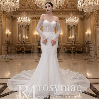 Off the Shoulder Long Sleeve Mermaid Wedding Dress - Rosymae