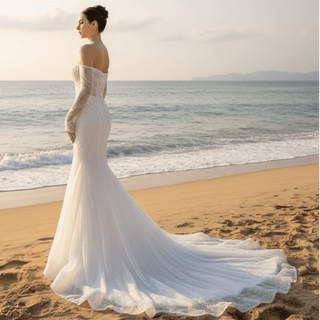 Off the Shoulder Long Sleeve Mermaid Wedding Dress - Rosymae