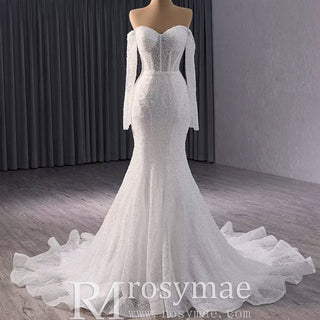 Off the Shoulder Long Sleeve Mermaid Wedding Dress - Rosymae