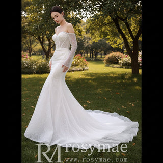 Off the Shoulder Long Sleeve Mermaid Wedding Dress - Rosymae