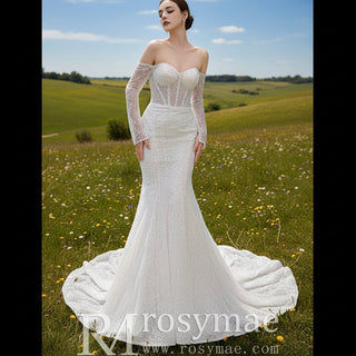 Off the Shoulder Long Sleeve Mermaid Wedding Dress - Rosymae