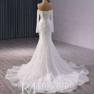 Off the Shoulder Long Sleeve Mermaid Wedding Dress - Rosymae