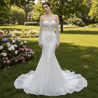 Off the Shoulder Long Sleeve Mermaid Wedding Dress - Rosymae