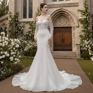 Off the Shoulder Long Sleeve Mermaid Wedding Dress - Rosymae