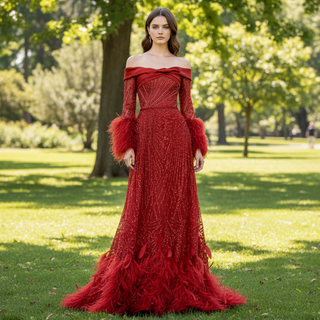 Off Shoulder Long Sleeve Leg Slit Red Evening Party Dress with Feather